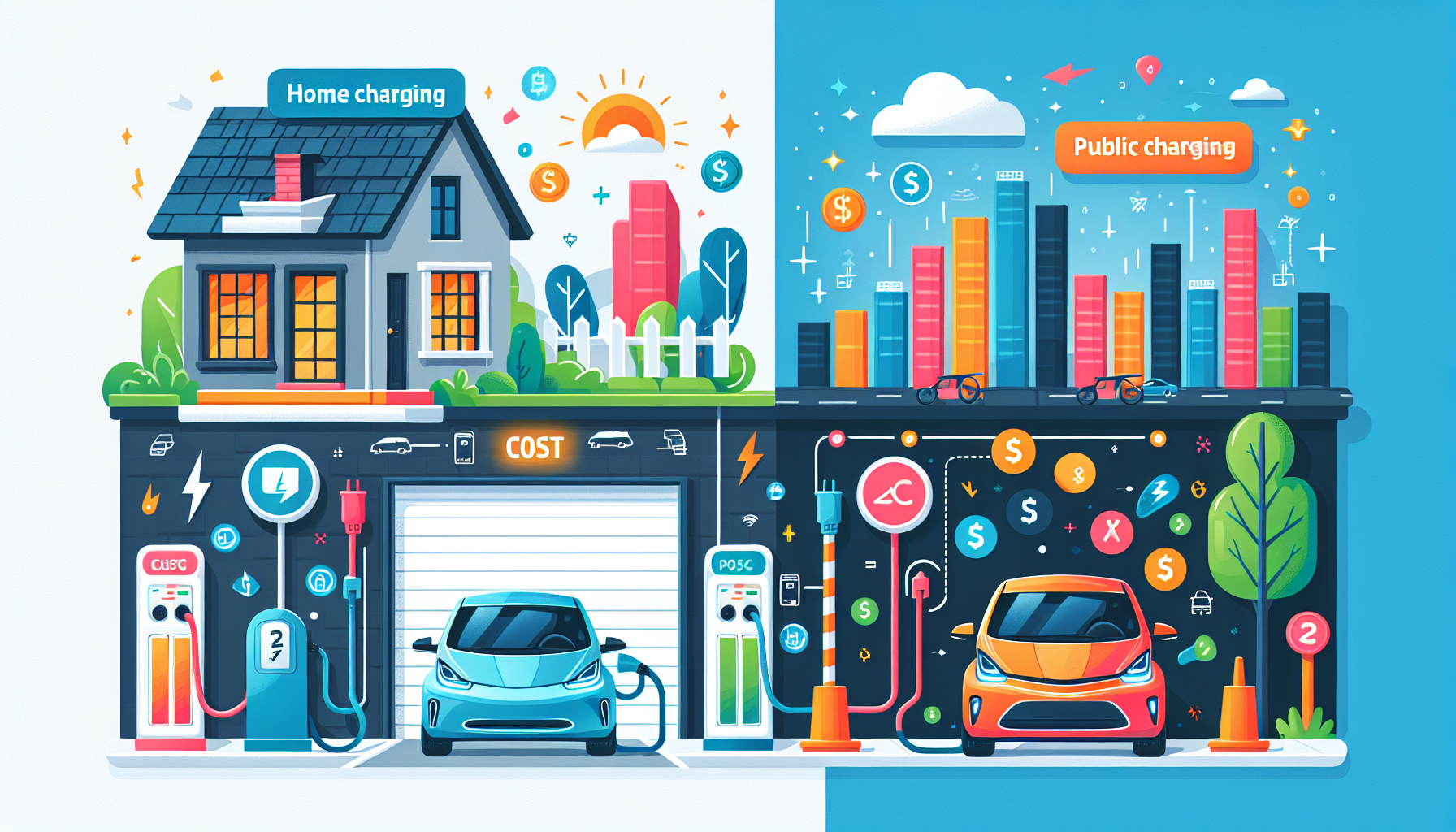 An illustration comparing home charging costs vs. public charging costs.