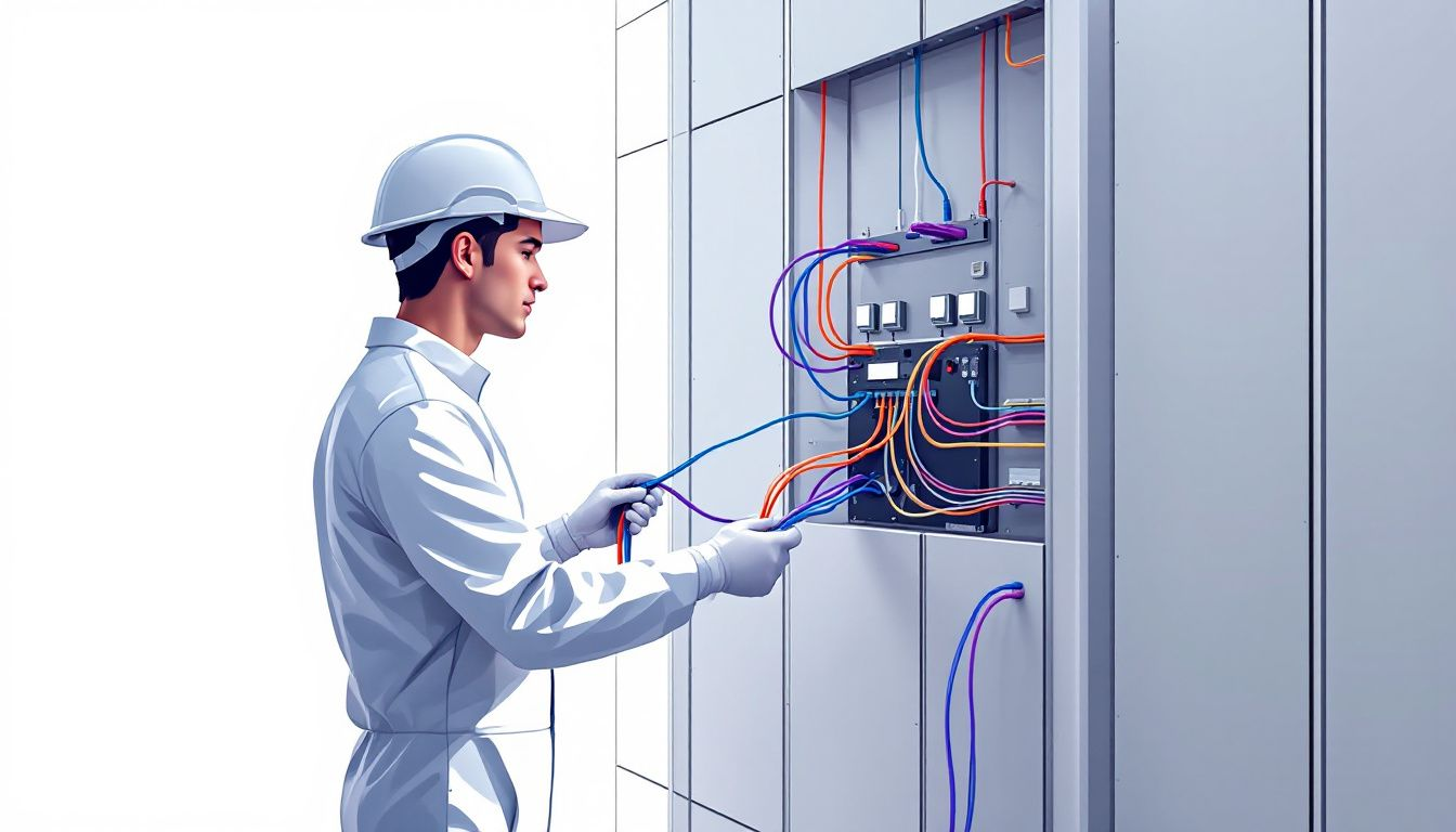 A technician wiring an electrical panel with various colored wires.